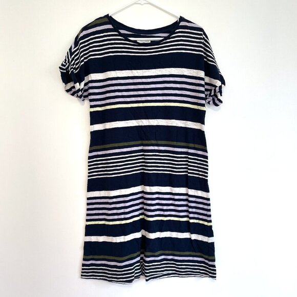 LOU GREY ANN TAYLOR LOFT Stripe Cuffed Tee Dress Navy Blue Multi 100% Cotton S - Picture 1 of 13